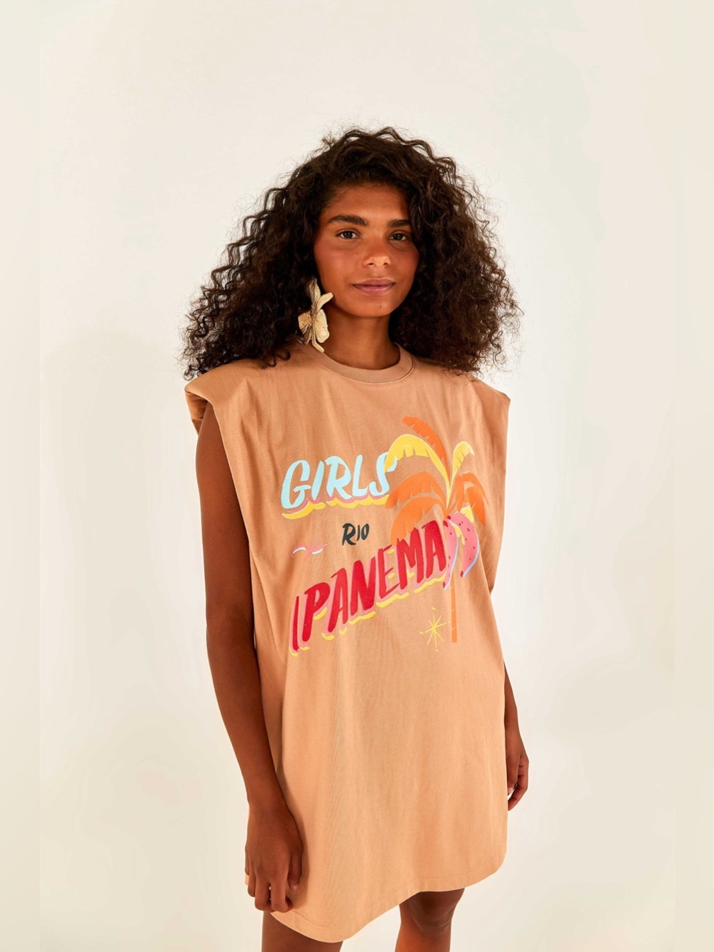 FARM Rio Peach Graphic Mini Dress with Tropical Print 100% Cotton